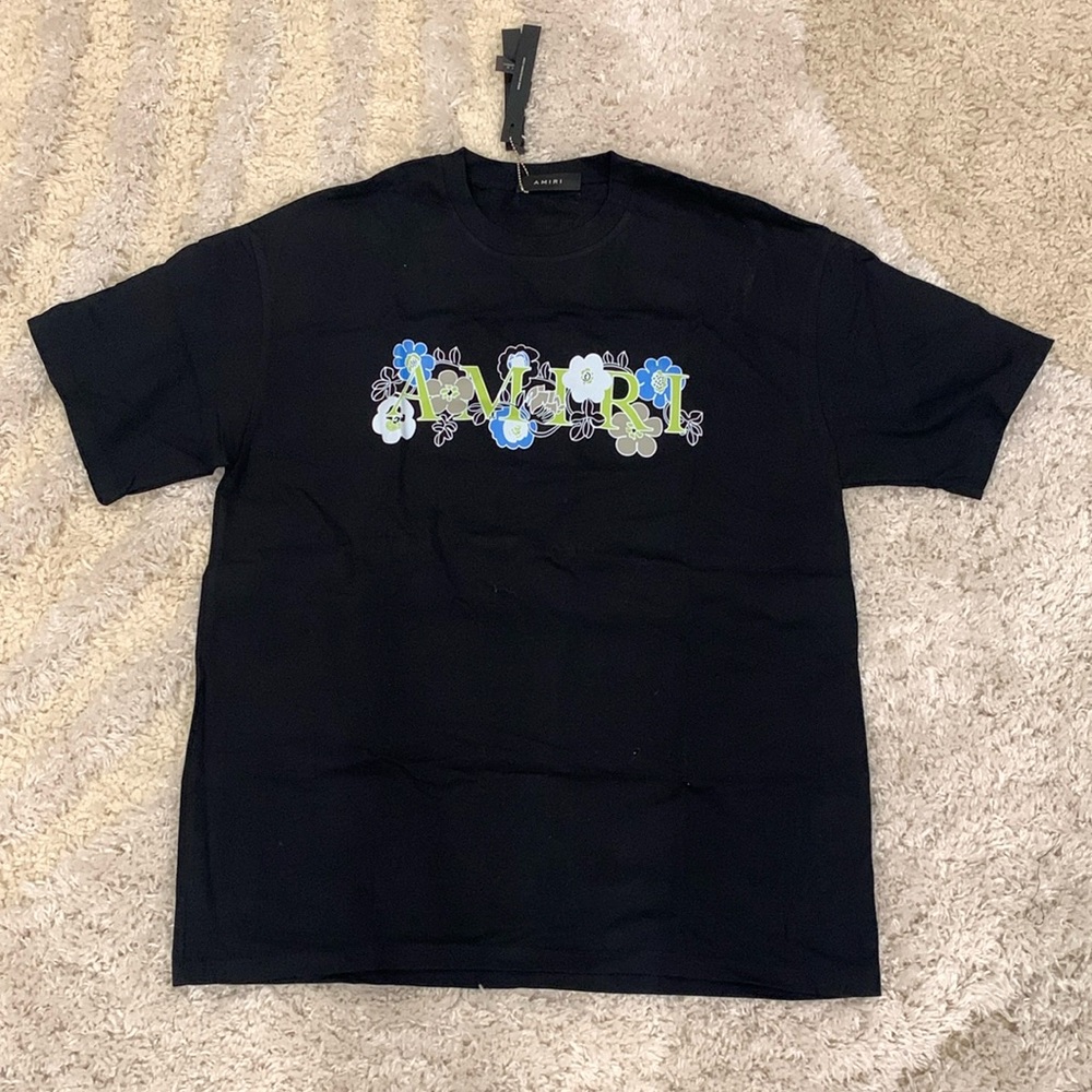 Amiri Murakami Flowers Green Print Logo T-Shirt Black Men’s Size Large